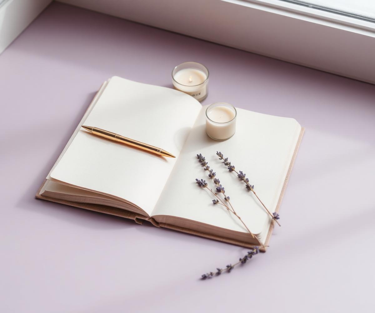 An open journal with a gold pen, candlelight and dried lavender in soft morning light